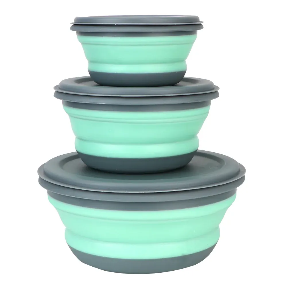 Ensemble de boîtes à déjeuner pliables en silicone, 3 pièces, avec couvercles, bols à salade pliables portables 8