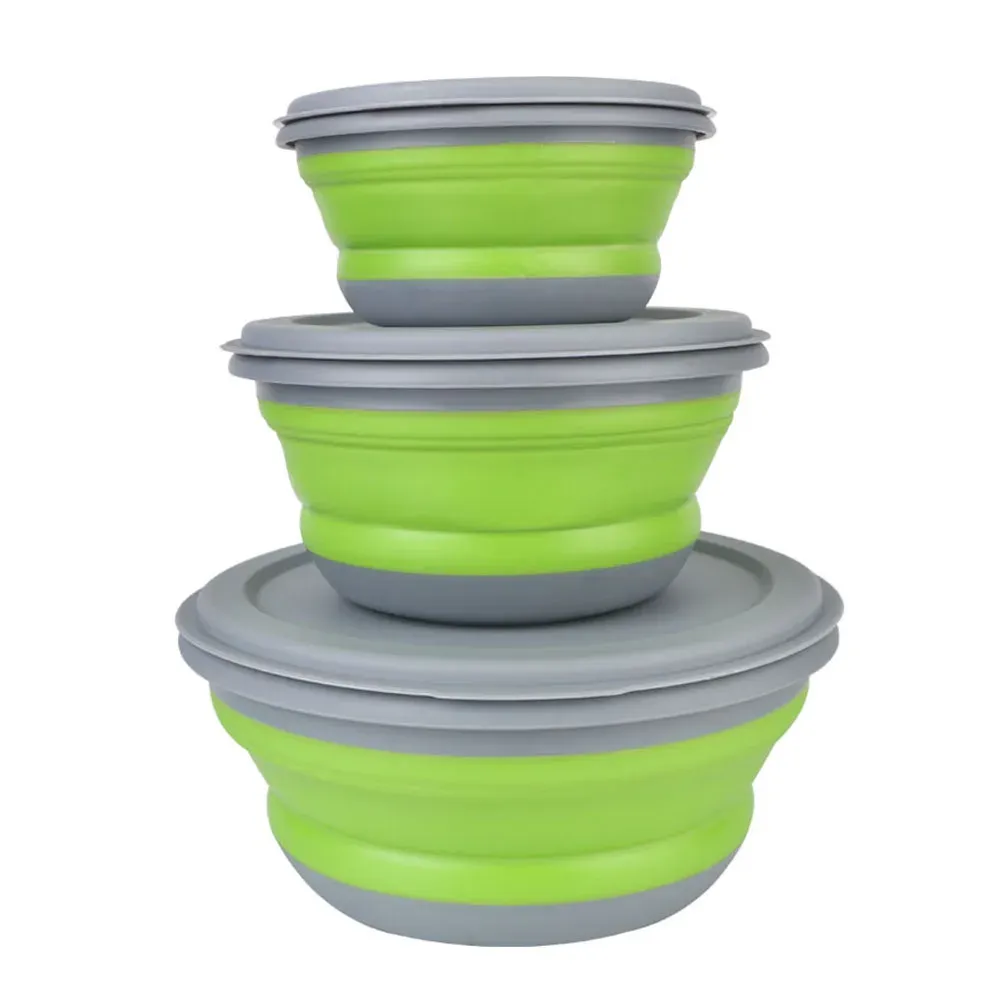 Ensemble de boîtes à déjeuner pliables en silicone, 3 pièces, avec couvercles, bols à salade pliables portables 7