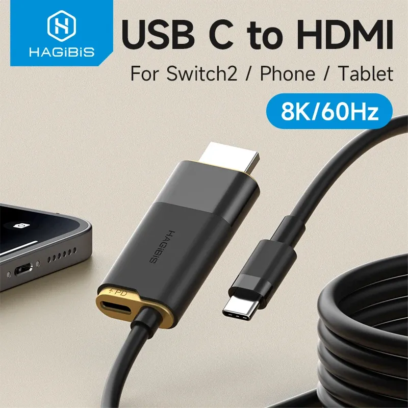 Station d'accueil TV Hagibis pour Switch / OLED / Switch 2 – Adaptateur USB-C vers HDMI 8K@60Hz HDR avec charge PD 100W