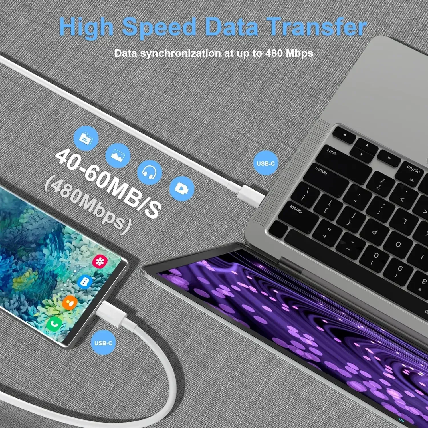 Câble de charge rapide USB-C sous différents angles