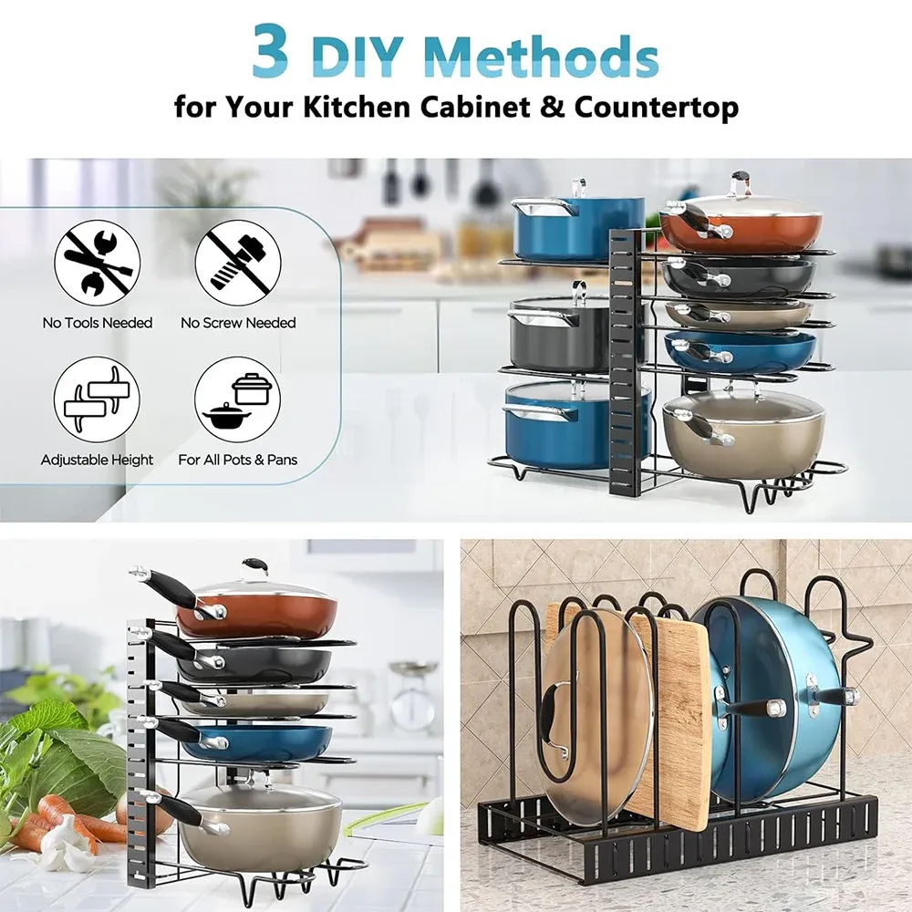 Support organisateur de casseroles à 8 niveaux, 3 méthodes d'installation, armoire réglable, garde-manger, pots, couvercles, support de rangement, organisation de cuisine 2