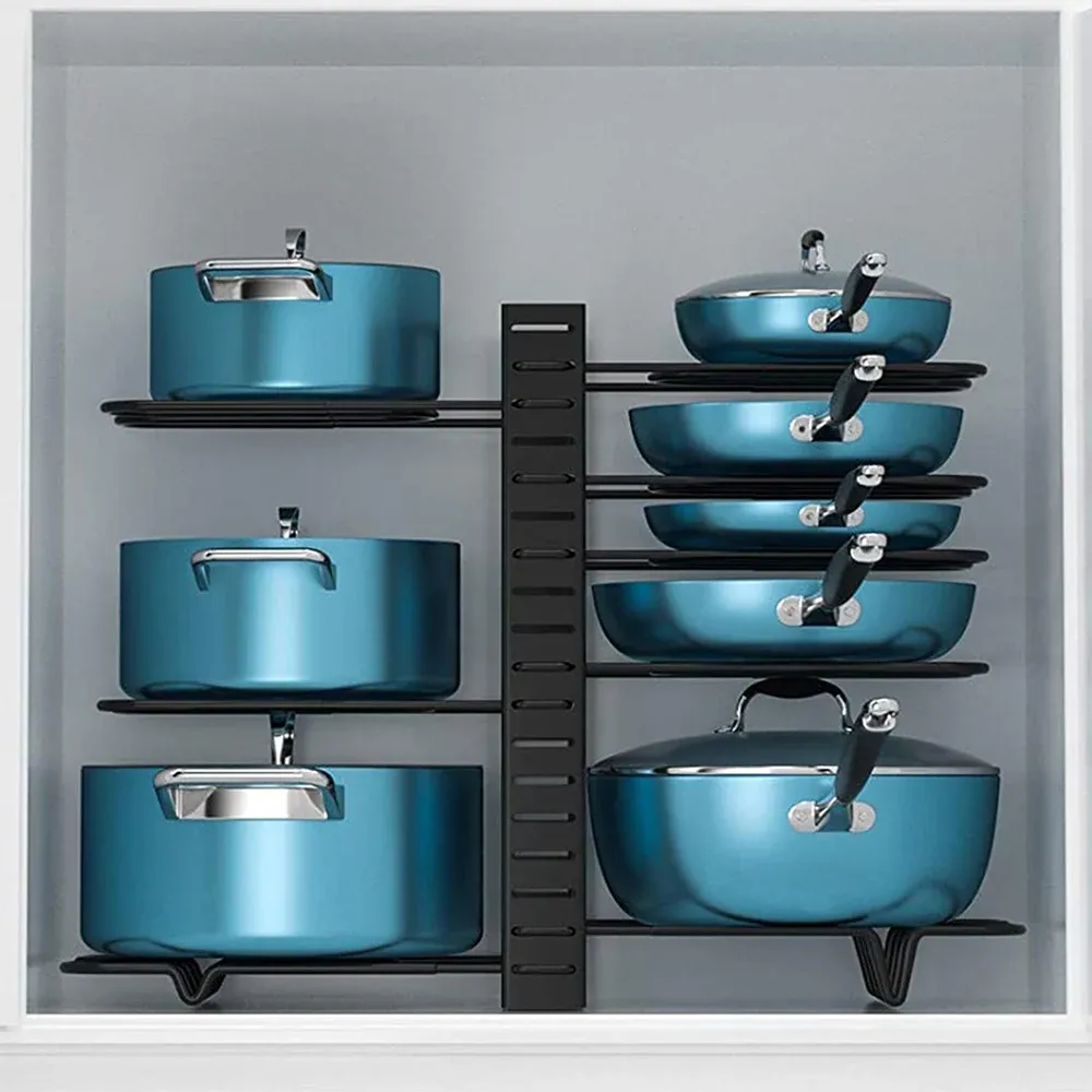 Support organisateur de casseroles à 8 niveaux, 3 méthodes d'installation, armoire réglable, garde-manger, pots, couvercles, support de rangement, organisation de cuisine 3
