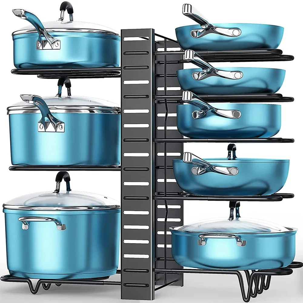 Support organisateur de casseroles à 8 niveaux, 3 méthodes d'installation, armoire réglable, garde-manger, pots, couvercles, support de rangement, organisation de cuisine - Image 1