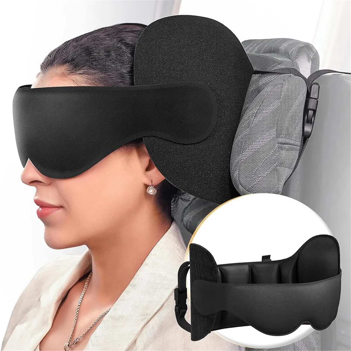 WFF Oreiller de voyage cervical pour avion, avec sangle de tête surdimensionnée et masque pour les yeux 3