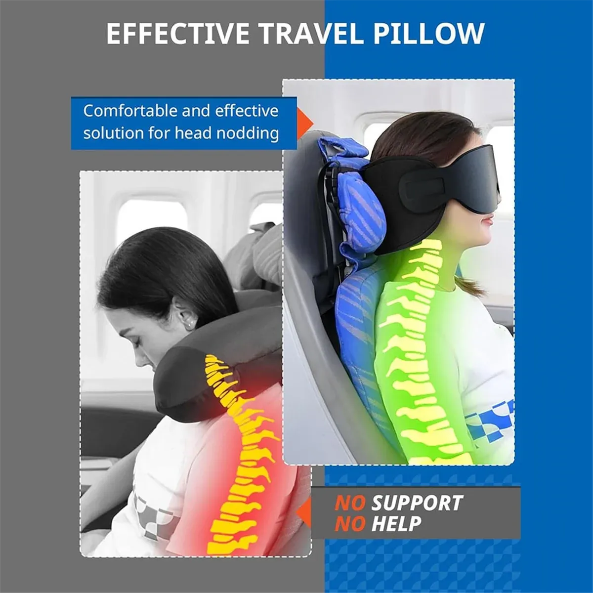 WFF Oreiller de voyage cervical pour avion, avec sangle de tête surdimensionnée et masque pour les yeux 4