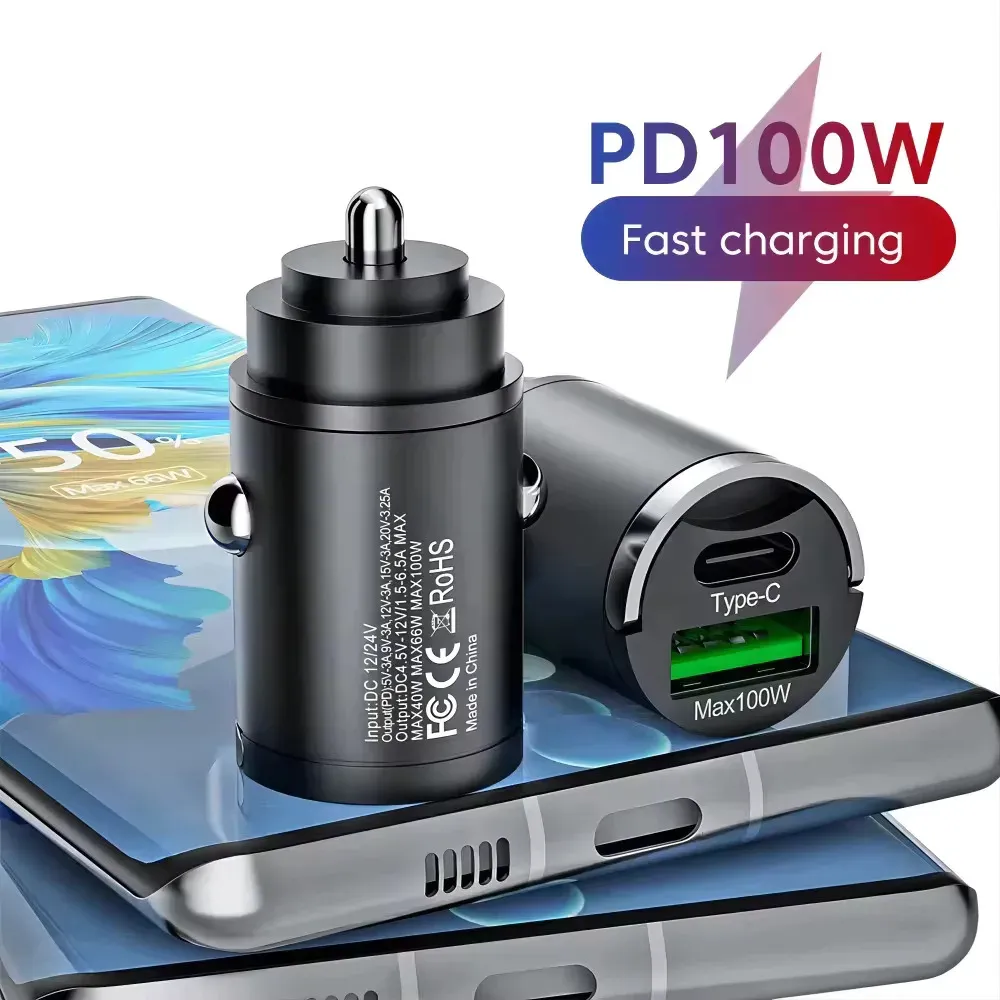Mini chargeur de voiture 100 W PD 30 W QC 3.0 à charge rapide avec anneau de maintien, adaptateur USB-C pour iPhone, Xiaomi, Samsung et Huawei - Image 1