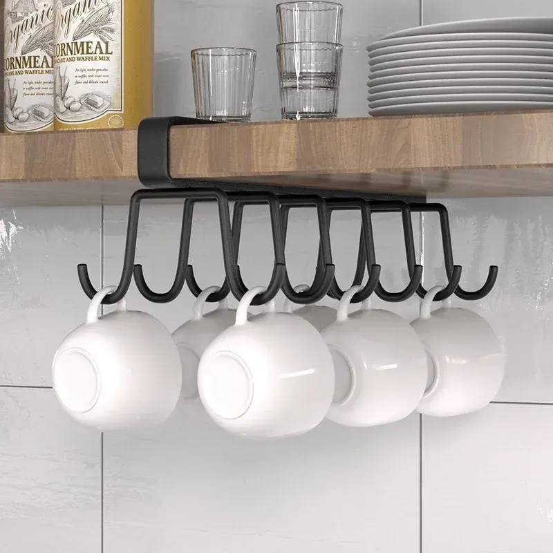 Support de rangement pour armoire, organisateur multifonctionnel pour garde-robe, 6 à 12 crochets, porte-gobelets de cuisine, sans perçage, organisateur de rangement 4