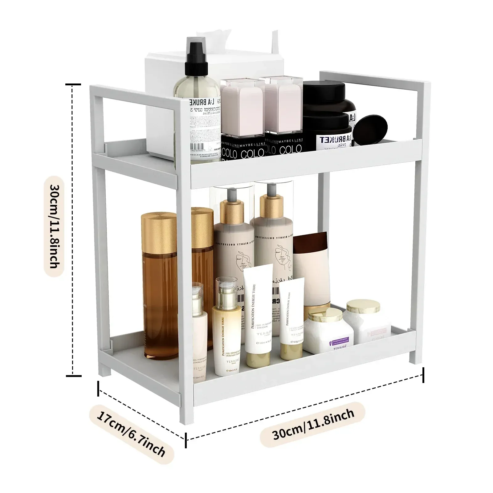 Organisateur sous-évier à 2 niveaux, coulissant, avec panier, crochets et porte-gobelet suspendu, pour salle de bains et cuisine 7