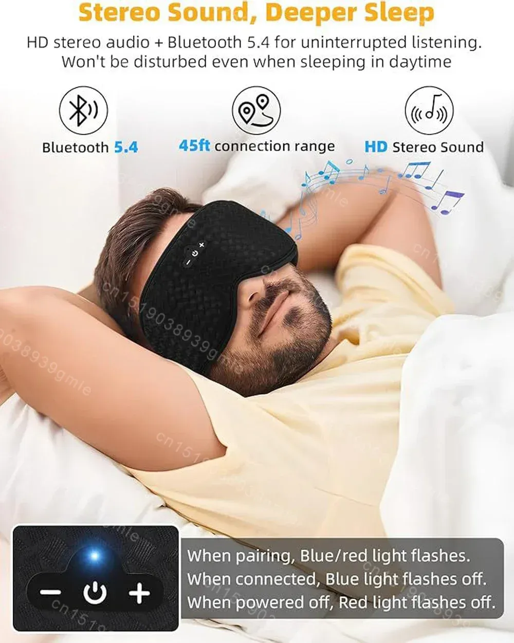 Masque de sommeil 3D Bluetooth avec écouteurs sans fil intégrés, bandeau élastique respirant et occultant pour le voyage et le sommeil 5