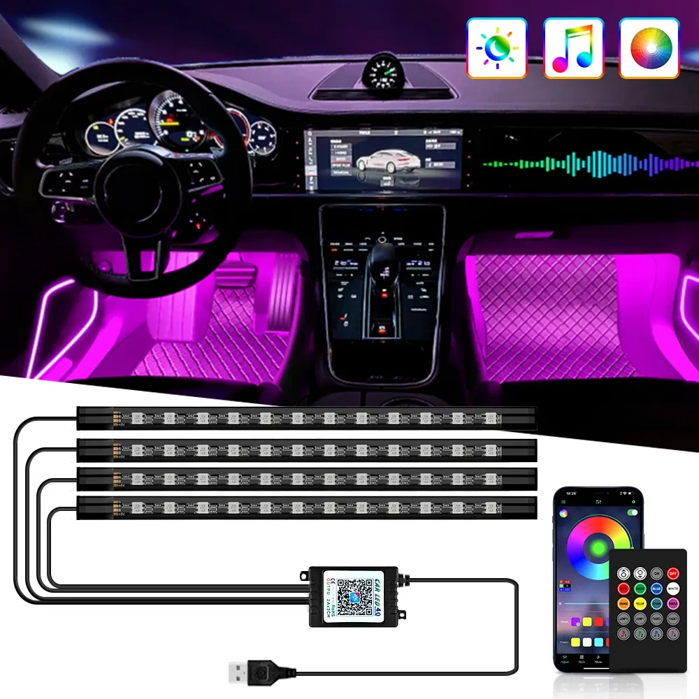 Lampe d'ambiance LED pour habitacle de voiture, 36, 48 ou 72 LED, éclairage de pied, télécommande sans fil, contrôle par application et synchronisation musicale, RVB automatique