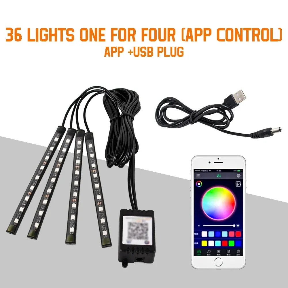 Lampe d'ambiance LED pour habitacle de voiture, 36, 48 ou 72 LED, éclairage de pied, télécommande sans fil, contrôle par application et synchronisation musicale, RVB automatique 10