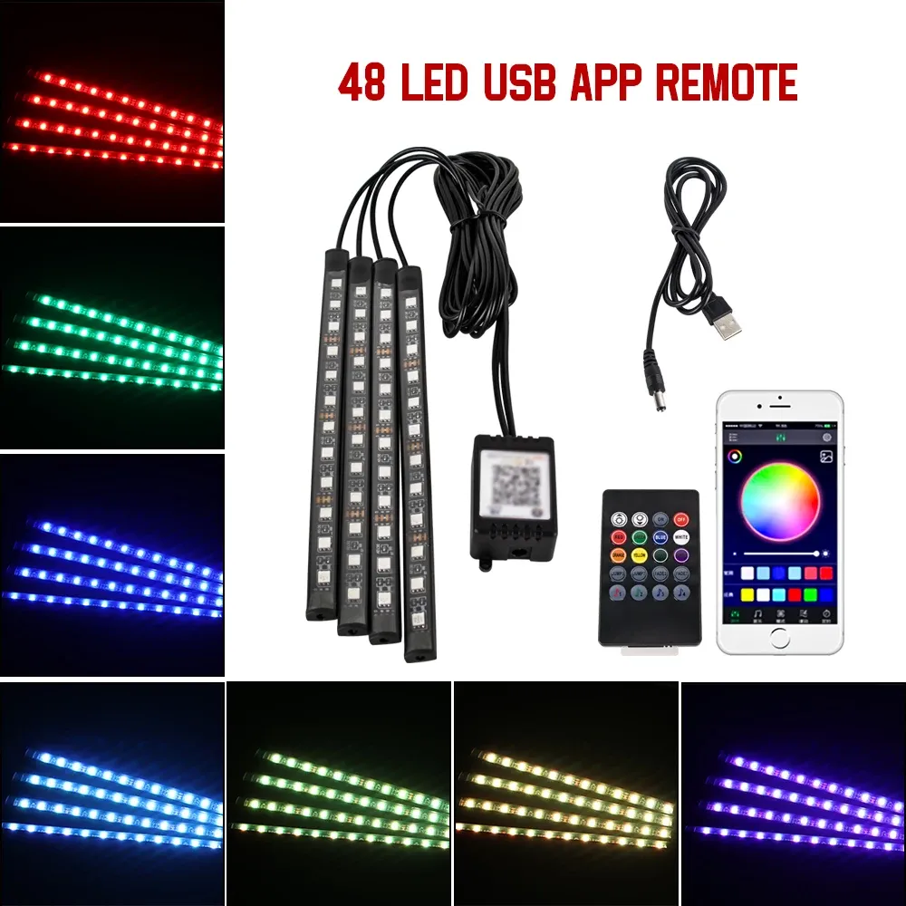 Lampe d'ambiance LED pour habitacle de voiture, 36, 48 ou 72 LED, éclairage de pied, télécommande sans fil, contrôle par application et synchronisation musicale, RVB automatique 22