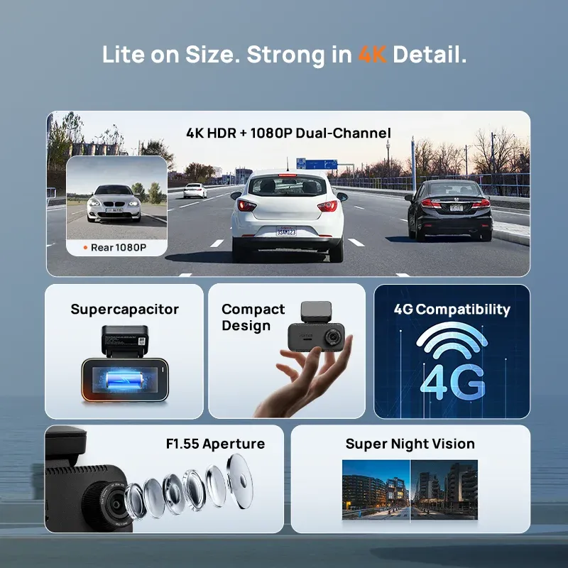 Caméra embarquée 70mai A810 Lite 4K HDR et 1080P avec supercapaciteur, 4G LTE, télécommande Wi-Fi 6, GPS et commande vocale 2