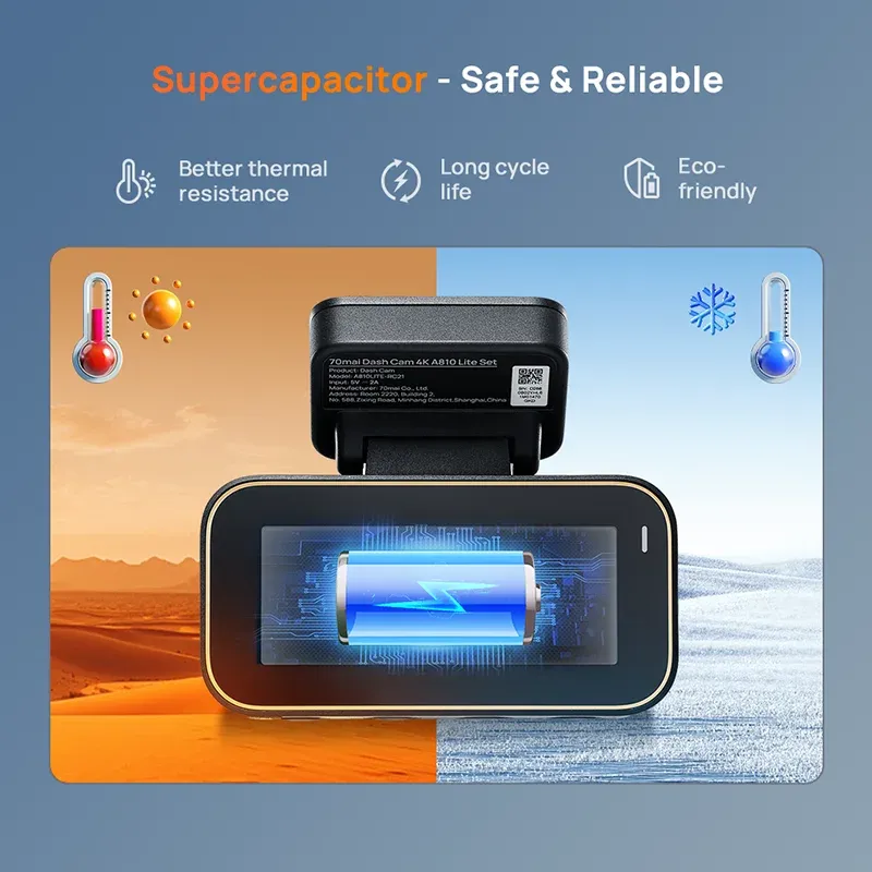 Caméra embarquée 70mai A810 Lite 4K HDR et 1080P avec supercapaciteur, 4G LTE, télécommande Wi-Fi 6, GPS et commande vocale 5