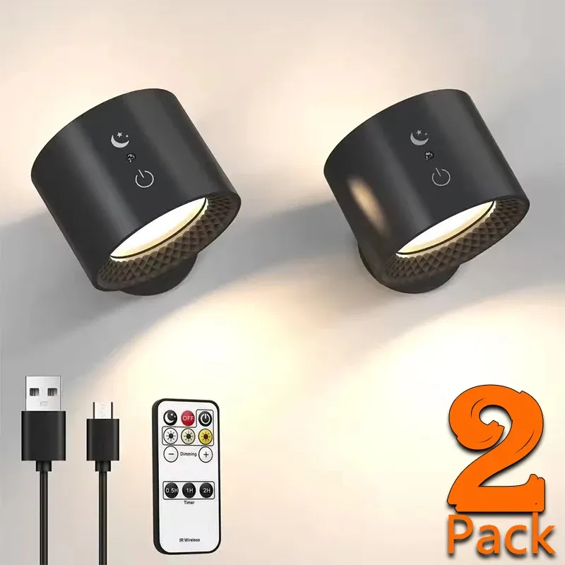 Applique murale LED double tête, commande tactile, télécommande rotative à 360 degrés, recharge USB, veilleuse portable sans fil pour chambre à coucher, lampe de lecture 1