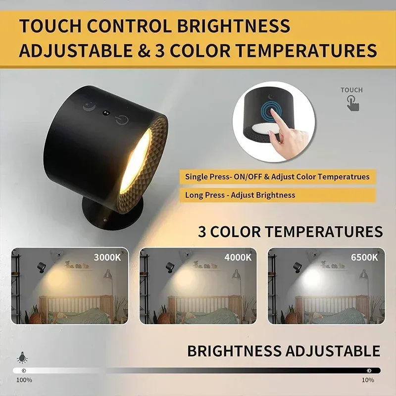 Applique murale LED double tête, commande tactile, télécommande rotative à 360 degrés, recharge USB, veilleuse portable sans fil pour chambre à coucher, lampe de lecture 3