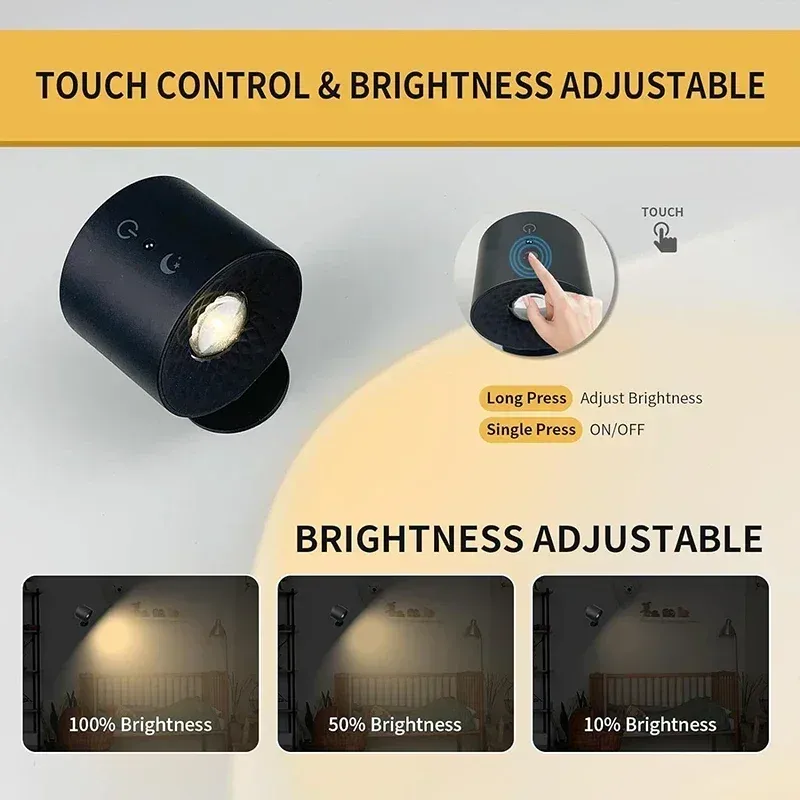 Applique murale LED double tête, commande tactile, télécommande rotative à 360 degrés, recharge USB, veilleuse portable sans fil pour chambre à coucher, lampe de lecture 4