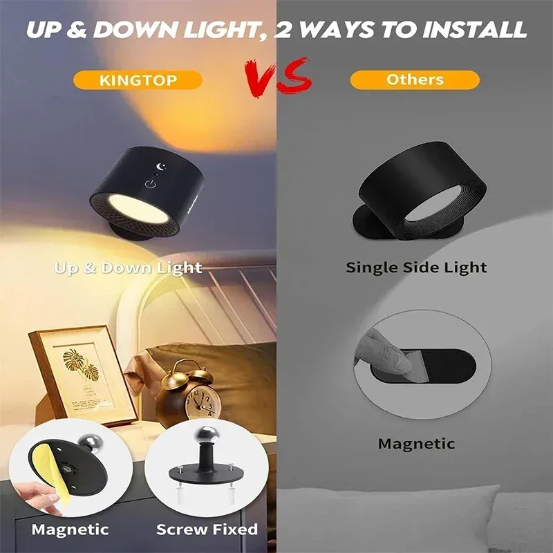 Applique murale LED double tête, commande tactile, télécommande rotative à 360 degrés, recharge USB, veilleuse portable sans fil pour chambre à coucher, lampe de lecture 6