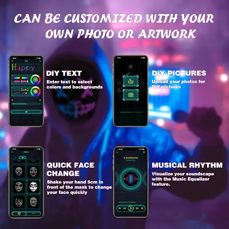 Masque LED Bluetooth programmable à commande par application 4