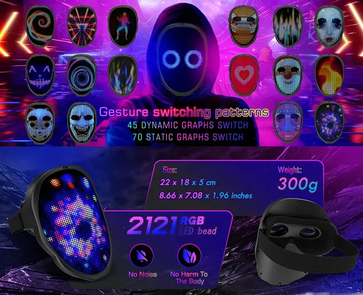 Masque LED Bluetooth lumineux vue de face
