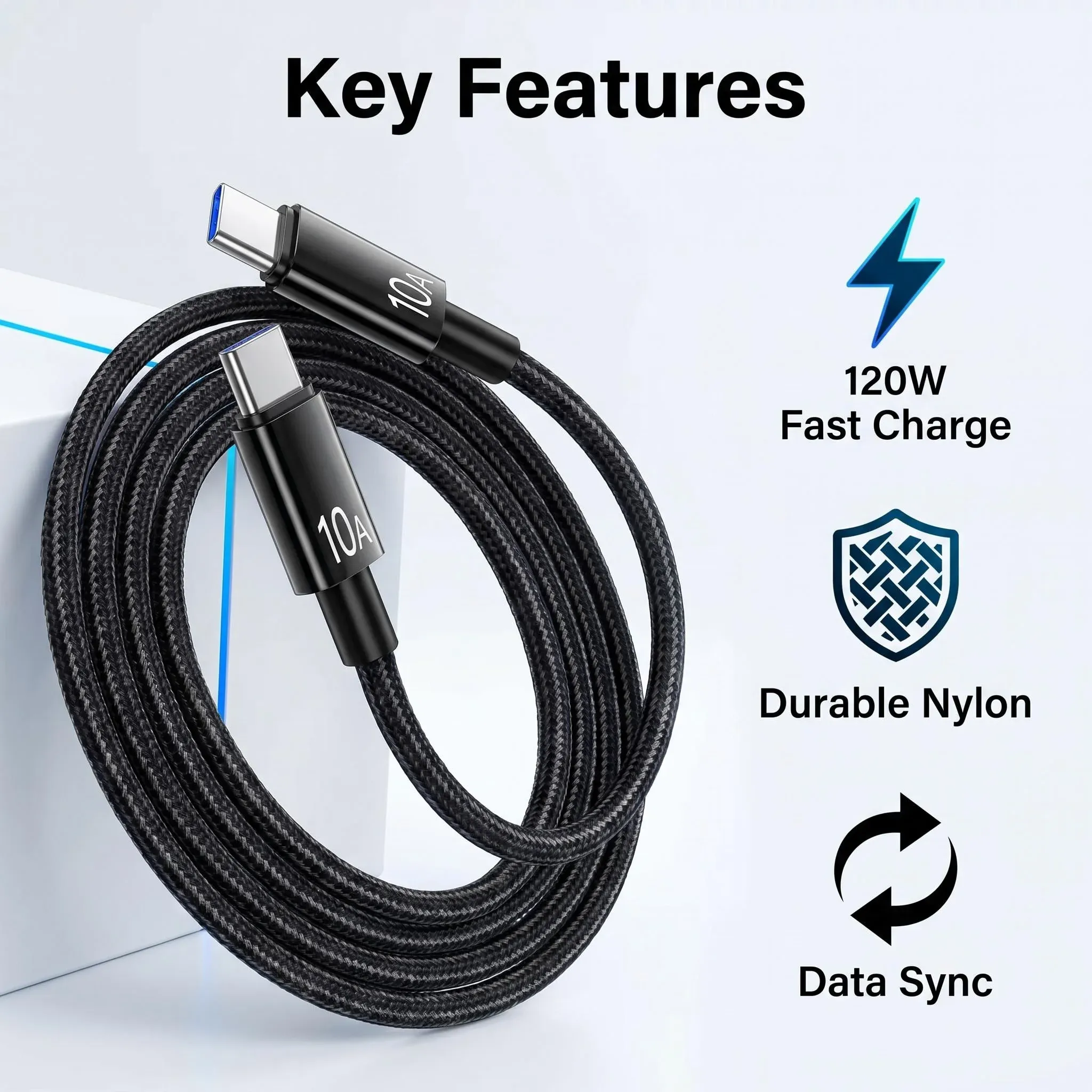 Câble de charge ultra-rapide PD 10 A 120 W USB Type-C en nylon tressé pour smartphone et ordinateur portable 1
