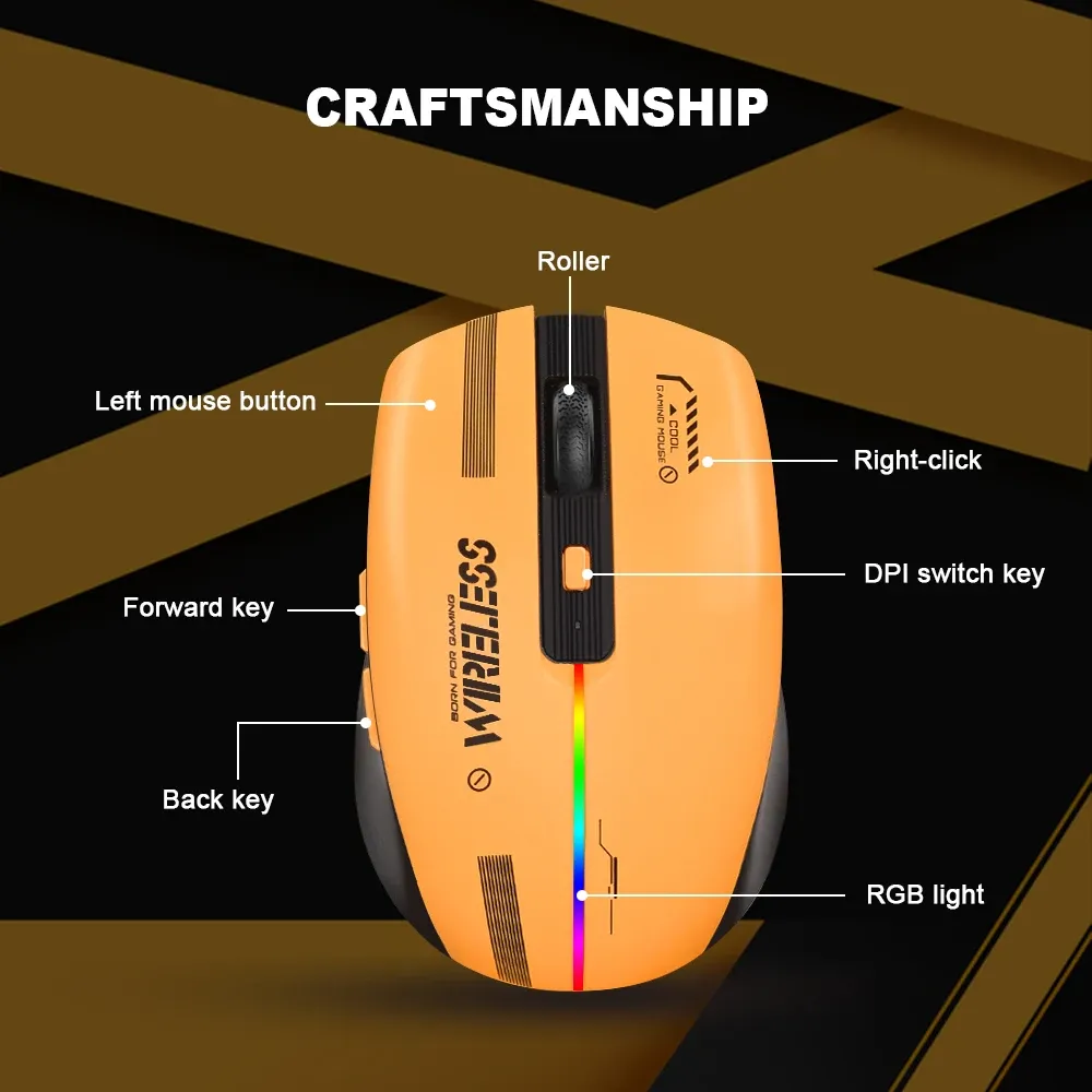 Souris de jeu ergonomique LT-T19 sans fil rechargeable USB 2,4 GHz avec éclairage RGB, compatible ordinateur de bureau et portable 2