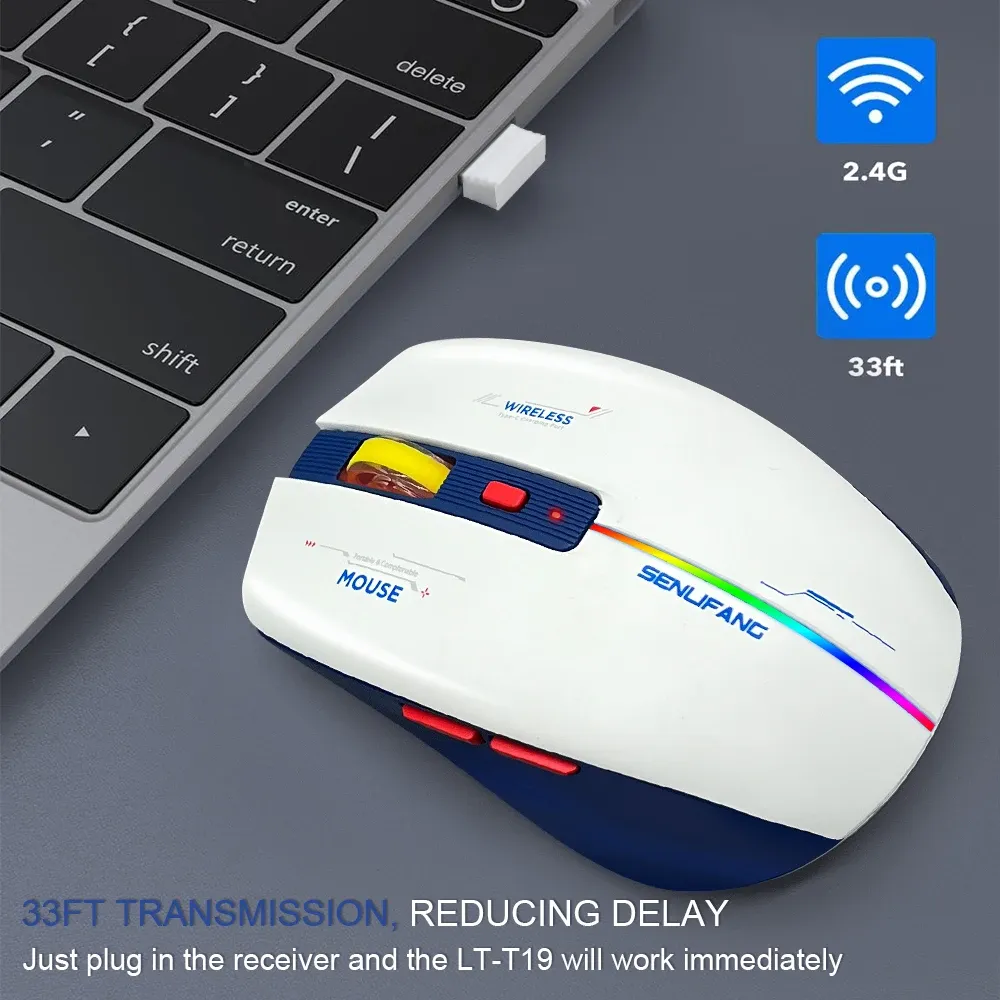 Souris de jeu ergonomique LT-T19 sans fil rechargeable USB 2,4 GHz avec éclairage RGB, compatible ordinateur de bureau et portable 8