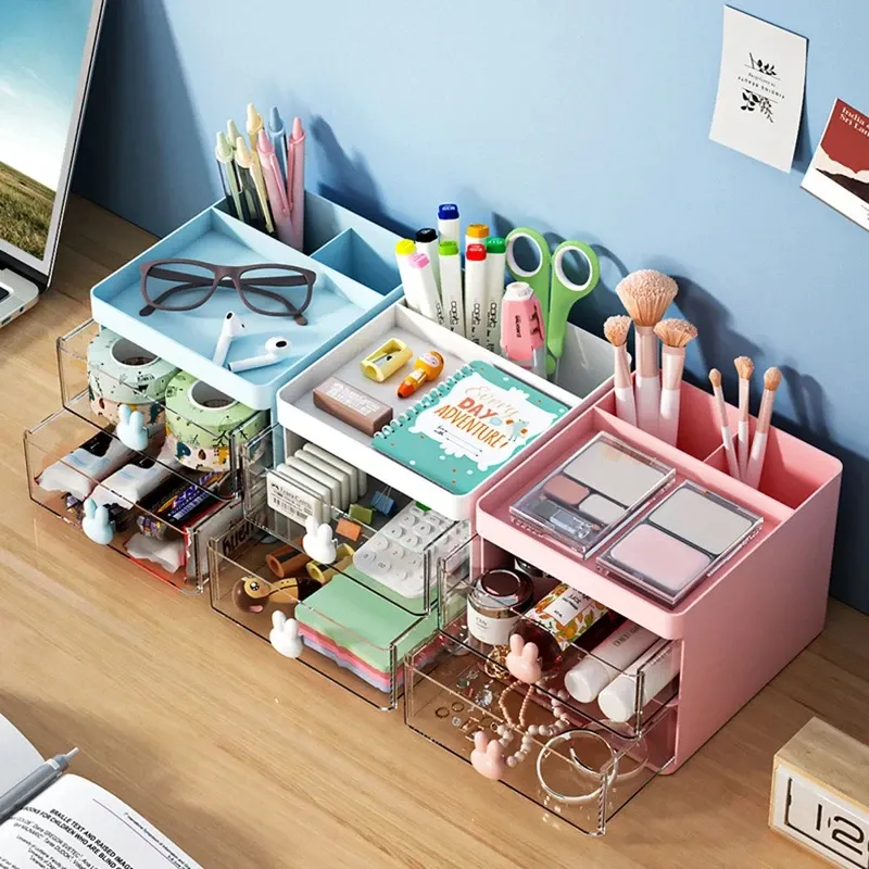 Petite boîte de rangement de bureau pour cartes de visite, stylos, crayons, maquillage et papeterie 4