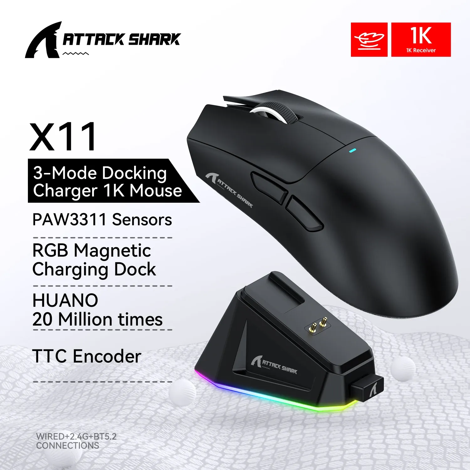 Souris de jeu sans fil Attaque Shark X11, tri-mode Bluetooth et 2,4 GHz, capteur PAW3311, RGB, station de charge magnétique 7
