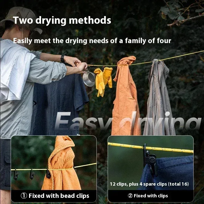 Corde à linge portable d'extérieur avec pinces, idéale pour le camping et les voyages, sans perçage, anti-vent 3