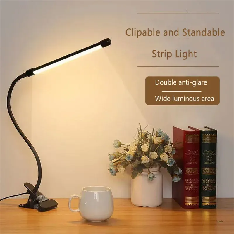 Lampe de bureau LED à pince noire, vue d'ensemble