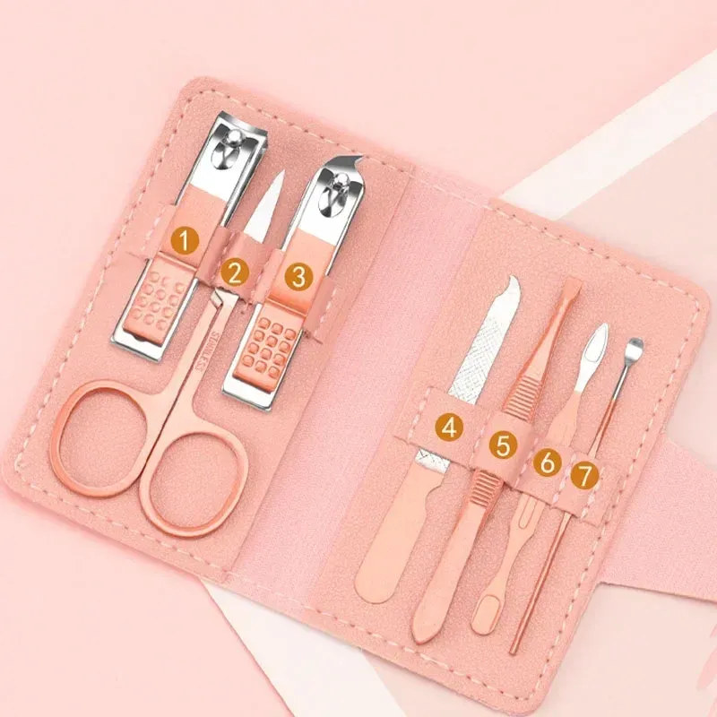 Kit de manucure et pédicure 7 pièces avec étui en cuir PU coloré (coupe-ongles, ciseaux, pince à épiler, tondeuse) 6