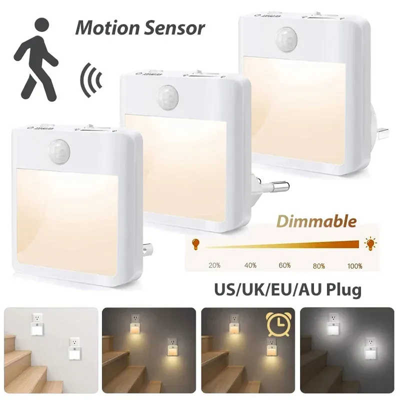 Veilleuse LED à détecteur de mouvement, lumière blanche chaude à intensité variable pour chambre, salon, toilettes et escaliers