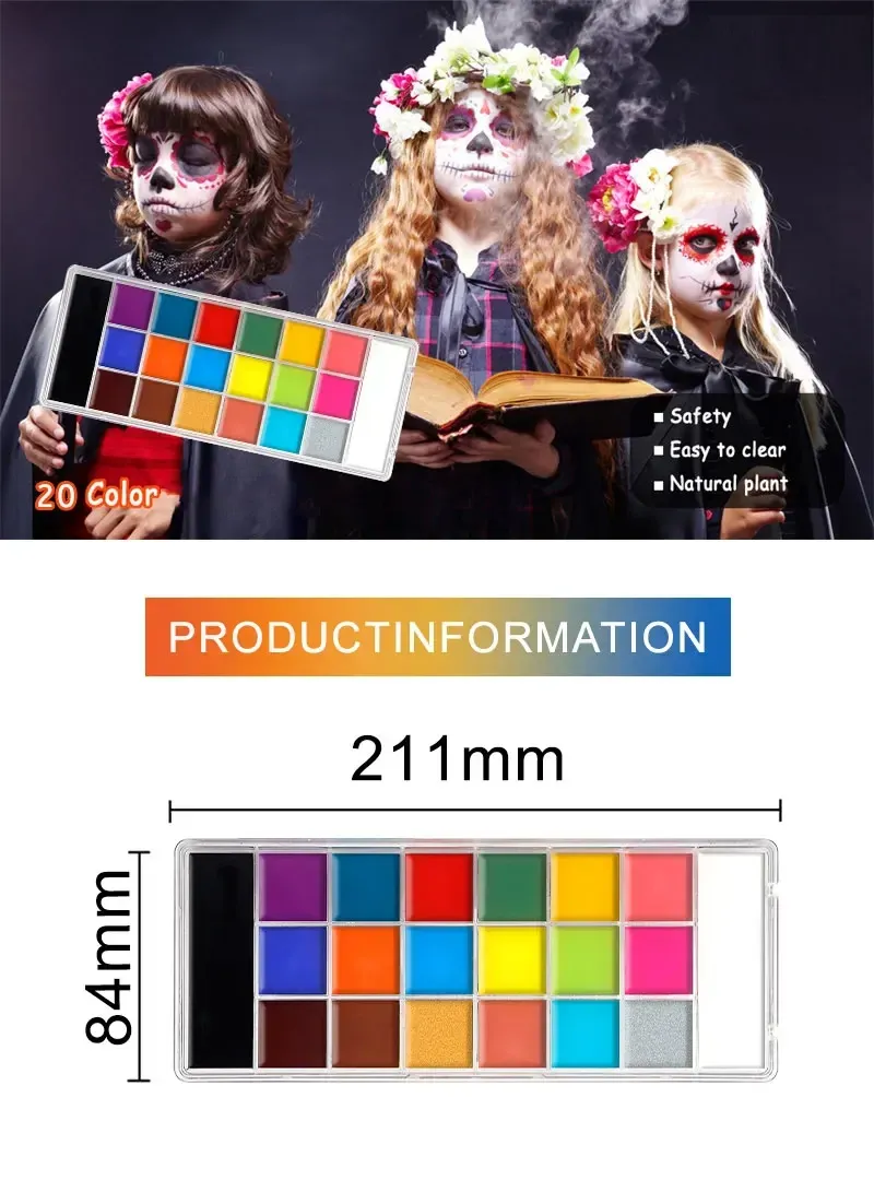 Palette de peinture faciale à l'huile, 20 couleurs, vue d'ensemble
