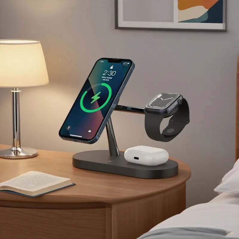 Support de chargeur sans fil 3 en 1 pour iPhone 12/13/14/15/16/17, station de charge rapide pour Apple Watch 10/9/8/7/6/5/4 et AirPods 2/3/Pro 2