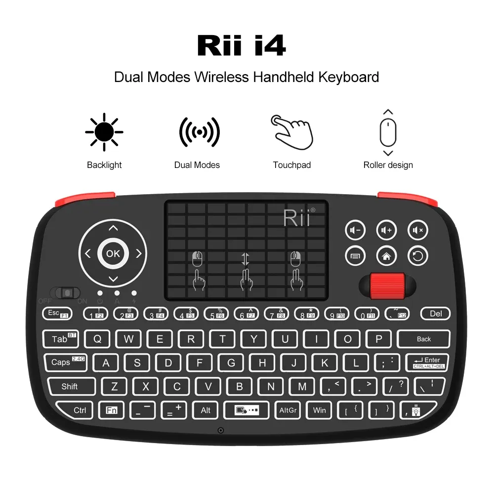 Rii I4 Mini Clavier sans fil avec pavé tactile, rétroéclairé, 2,4 GHz et Bluetooth, compatible Windows, Android TV Box et Smart TV - Image 1