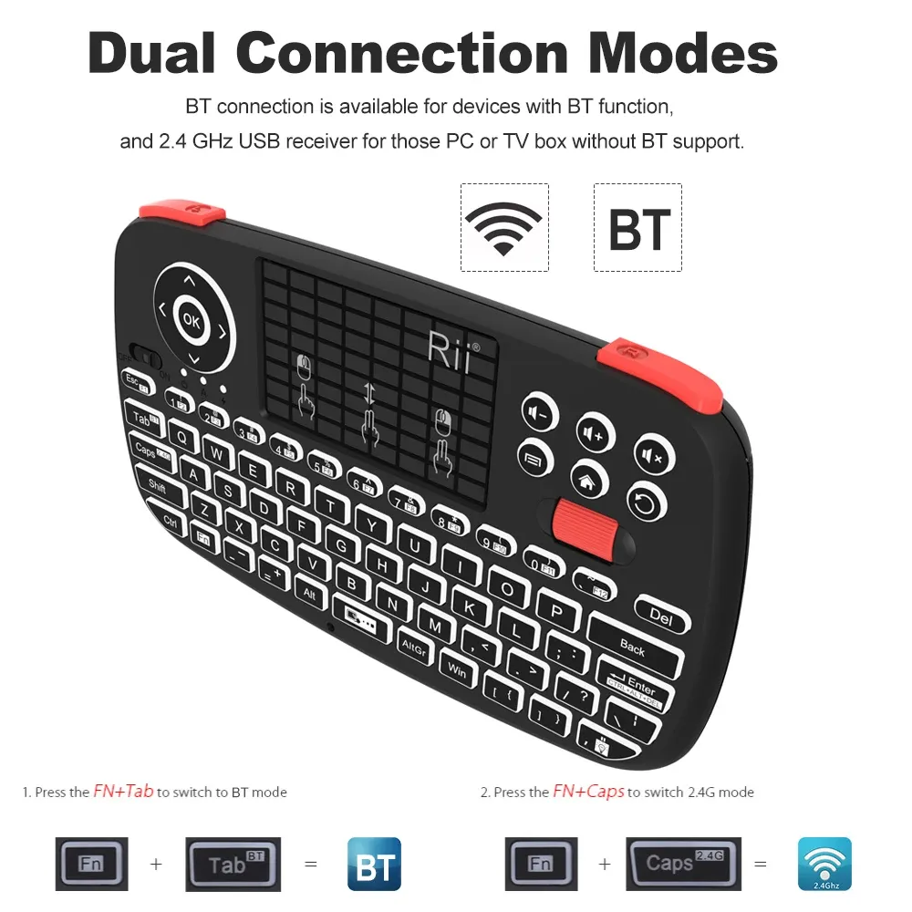 Rii I4 Mini Clavier sans fil avec pavé tactile, rétroéclairé, 2,4 GHz et Bluetooth, compatible Windows, Android TV Box et Smart TV 3