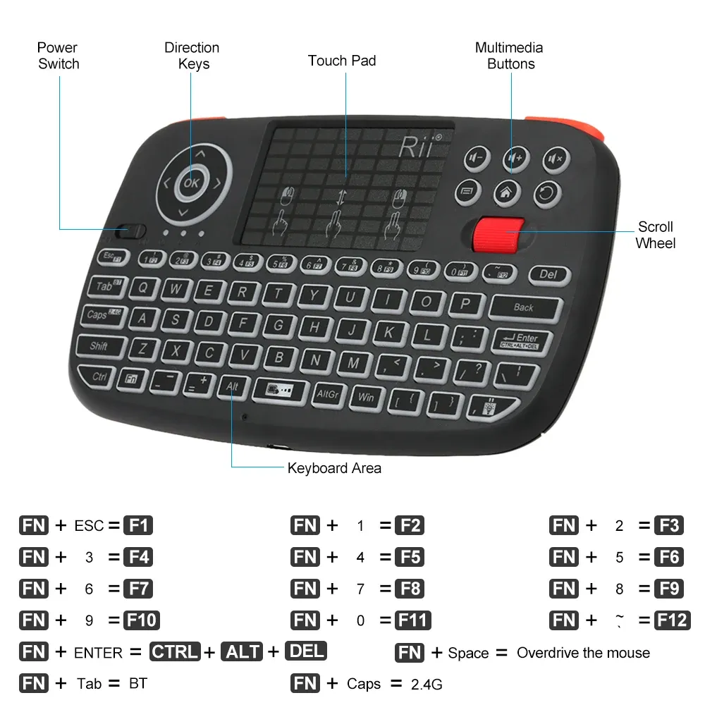 Rii I4 Mini Clavier sans fil avec pavé tactile, rétroéclairé, 2,4 GHz et Bluetooth, compatible Windows, Android TV Box et Smart TV 2