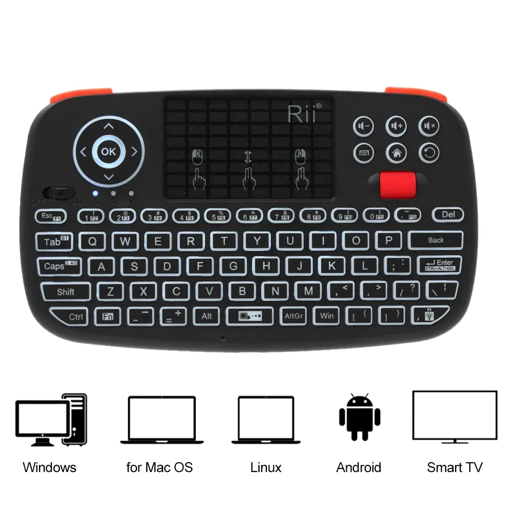 Rii I4 Mini Clavier sans fil avec pavé tactile, rétroéclairé, 2,4 GHz et Bluetooth, compatible Windows, Android TV Box et Smart TV 4