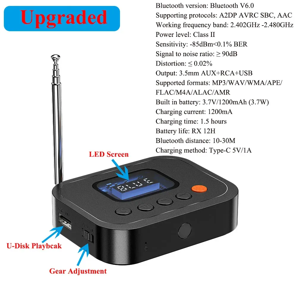 Récepteur Bluetooth 6.0 avec prise AUX 3.5 mm, adaptateur sans fil RCA, micro intégré, adaptateur audio stéréo sans fil pour haut-parleur ou amplificateur domestique 8