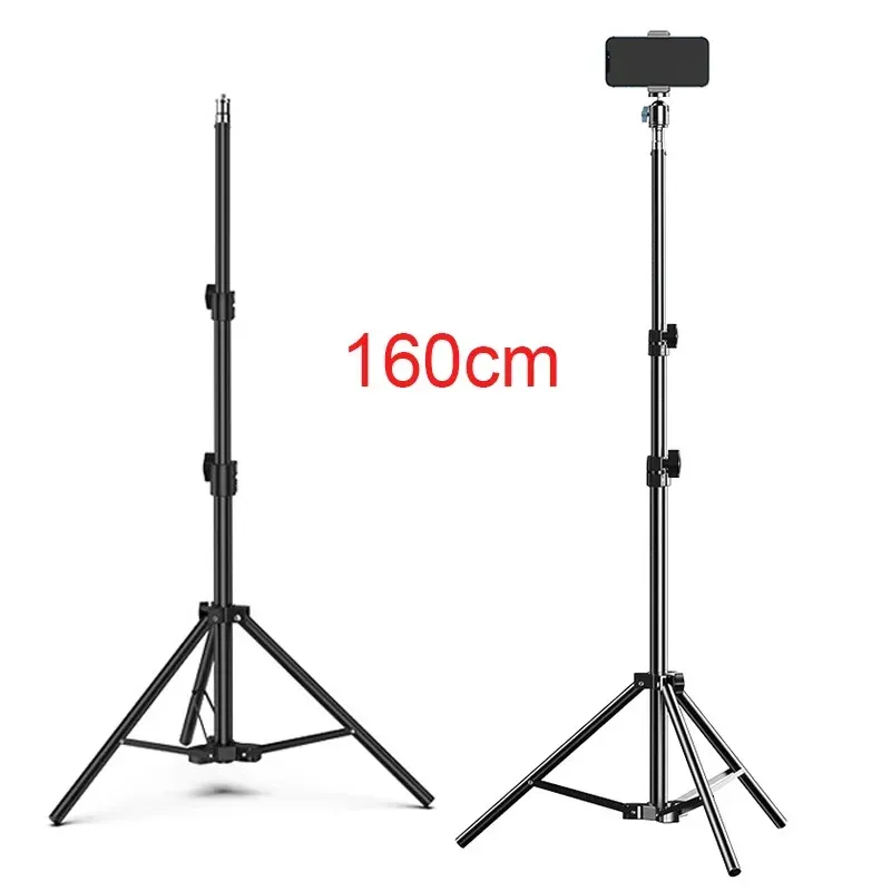 Trépied de diffusion en direct 160 cm avec base d'atterrissage, support pour caméra, anneau lumineux pour selfie, thermomètre en métal et support pour téléphone