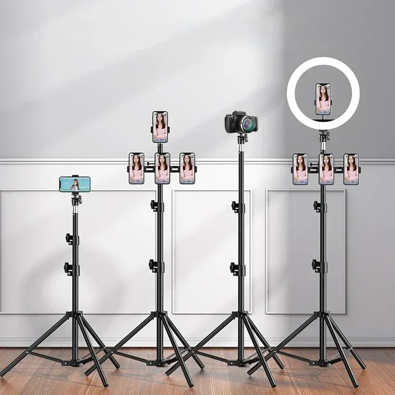 Trépied de diffusion en direct 160 cm avec base d'atterrissage, support pour caméra, anneau lumineux pour selfie, thermomètre en métal et support pour téléphone 2