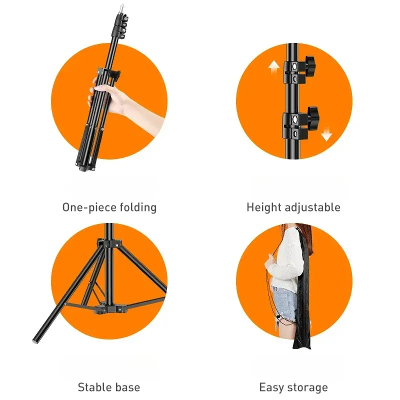 Trépied de diffusion en direct 160 cm avec base d'atterrissage, support pour caméra, anneau lumineux pour selfie, thermomètre en métal et support pour téléphone 6