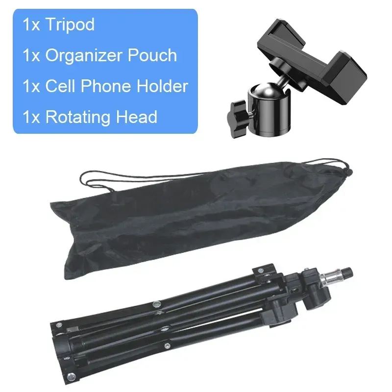 Trépied de diffusion en direct 160 cm avec base d'atterrissage, support pour caméra, anneau lumineux pour selfie, thermomètre en métal et support pour téléphone 8