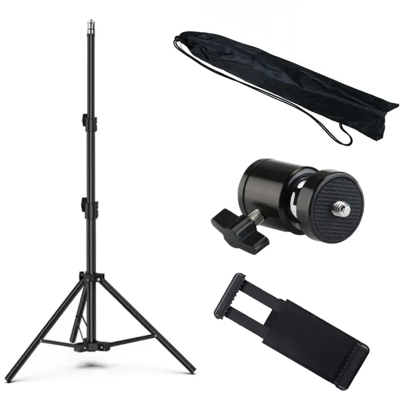Trépied de diffusion en direct 160 cm avec base d'atterrissage, support pour caméra, anneau lumineux pour selfie, thermomètre en métal et support pour téléphone 7