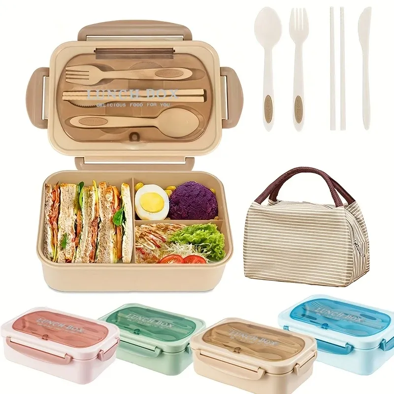 Ensemble boîte à bento pour adultes à 3 compartiments, non compatible micro-ondes ni lave-vaisselle (couteau, fourchette, cuillère et baguettes inclus) - Image 1