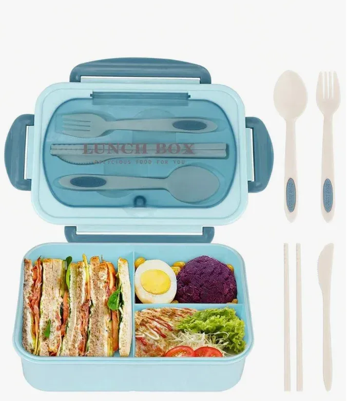 Ensemble boîte à bento pour adultes à 3 compartiments, non compatible micro-ondes ni lave-vaisselle (couteau, fourchette, cuillère et baguettes inclus) 8