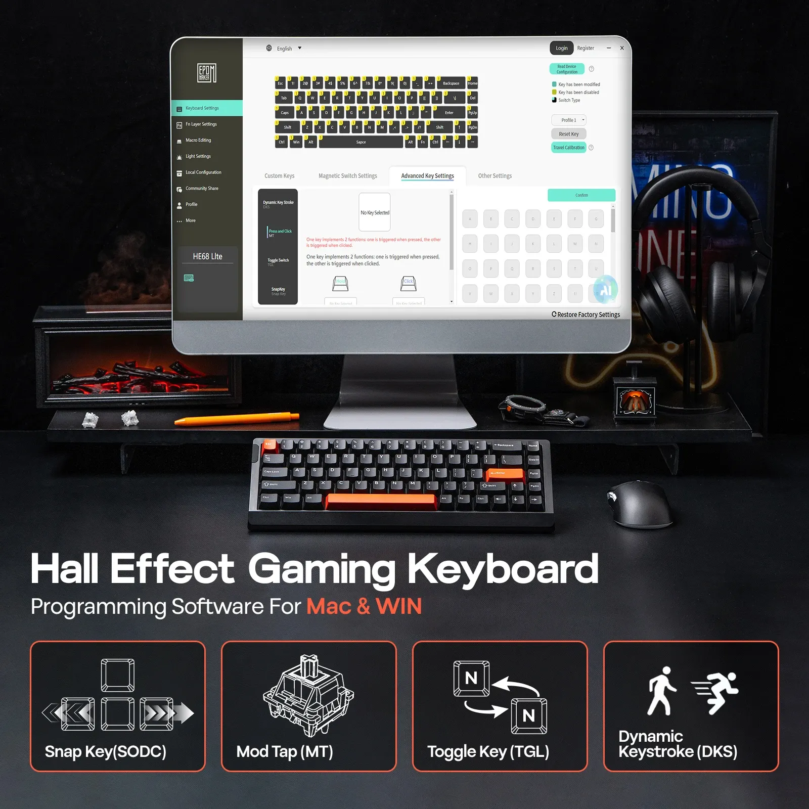 Clavier mécanique magnétique EPOMAKER HE68 Lite 65 % disposition ANSI US, monté sur plateau, connexion filaire, interrupteurs à effet Hall, DKS, SOCD, rétroéclairage RGB 4