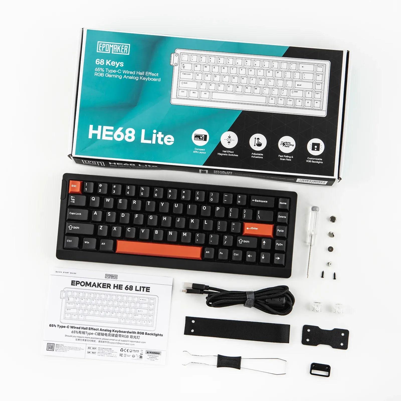 Clavier mécanique magnétique EPOMAKER HE68 Lite 65 % disposition ANSI US, monté sur plateau, connexion filaire, interrupteurs à effet Hall, DKS, SOCD, rétroéclairage RGB 6