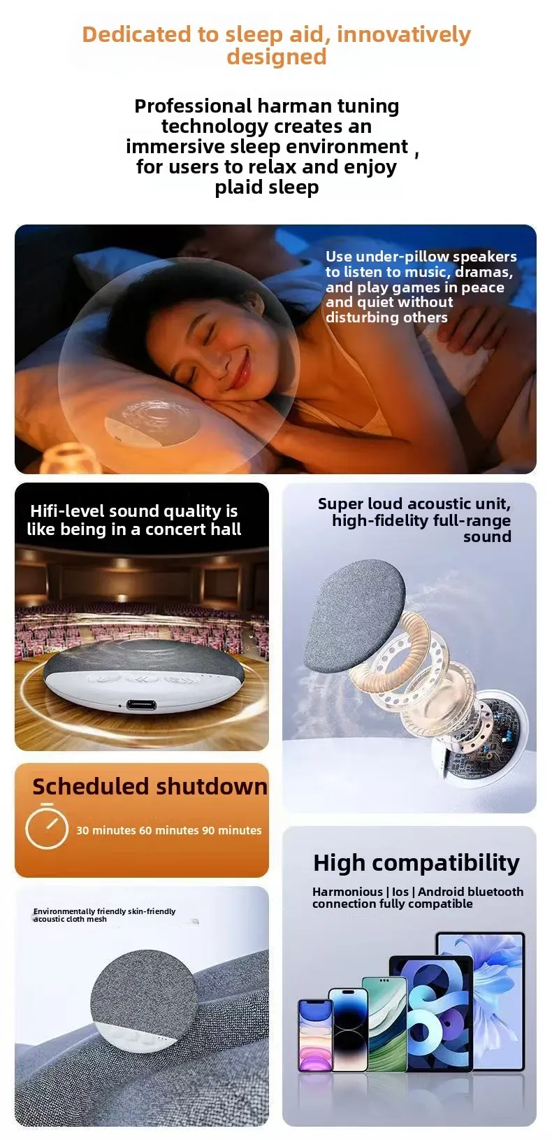 Haut-parleur Bluetooth sous oreiller, vue d'ensemble